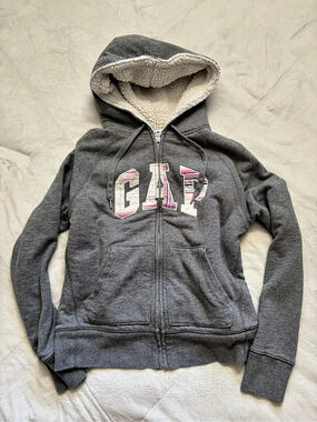 GAP Sherpa Lined Zip Hoodie with Plaid Logo Gray XS